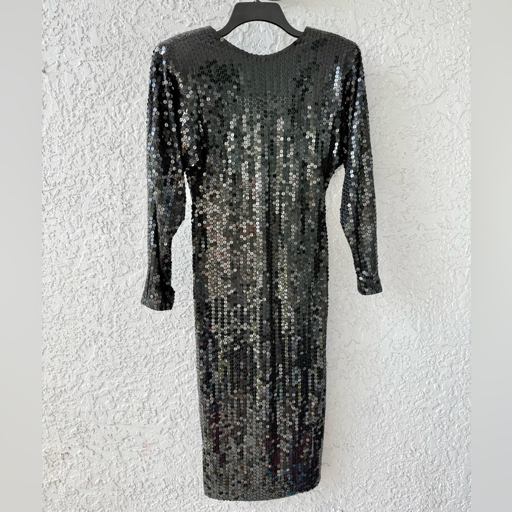 Vintage Lillie Rubin Oleg Cassini Black Sequin Long Sleeve Open Back Dress sz 4